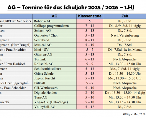Übersicht über AG Termine im neuen Schuljahr