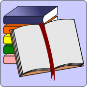 Ein gezeichneter Bücherstapel mit einem aufgeschlagenem Buch im Vordergrund