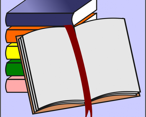 Ein gezeichneter Bücherstapel mit einem aufgeschlagenem Buch im Vordergrund