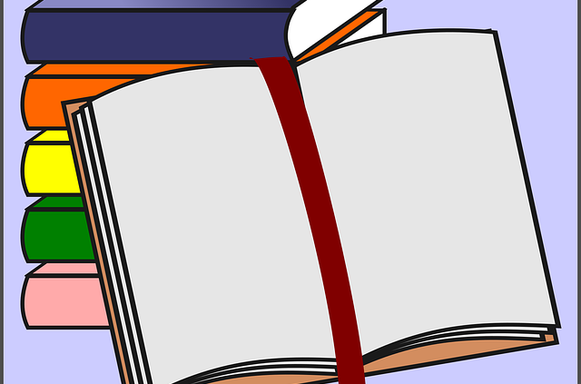 Ein gezeichneter Bücherstapel mit einem aufgeschlagenem Buch im Vordergrund